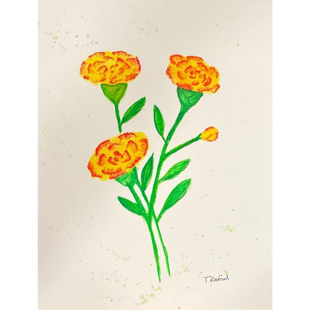 Hand painted watercolor original painting yellow and red carnation flowers